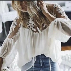 White chiffon lace blouse classic